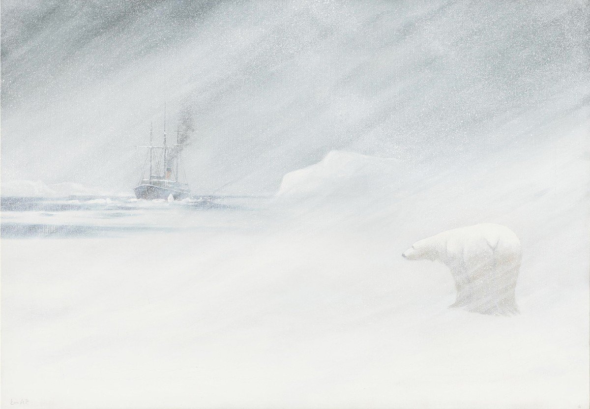 Emanuel A. Petersen (1894-1948) Polar Bear In A Snowstorm In Greenland-photo-2