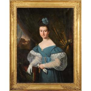 Jules Boilly (1796-1874) Portrait de jeune femme à l'éventail