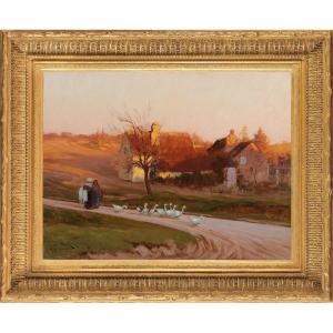 Henri Saintin (1846-1899) Coucher de soleil à Cernay la Ville ou Le retour des oies