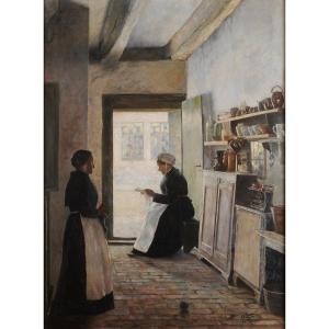 Clara Lenz (1874-1963) Women At Work In A Lübeck Interior