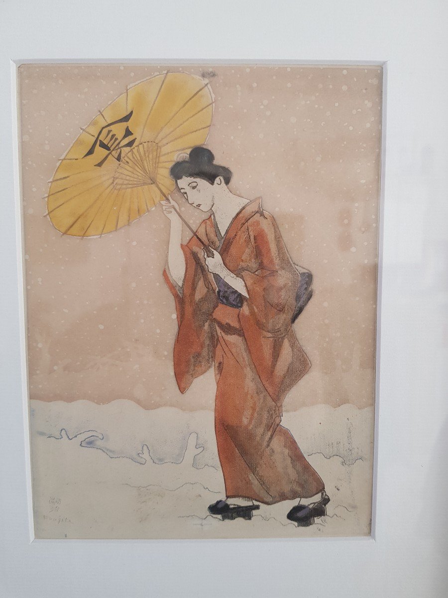 Léonard Tsuguharu Foujita GEISHA à l'Ombrelle Eau Forte Originale Tirage De 1926-photo-2