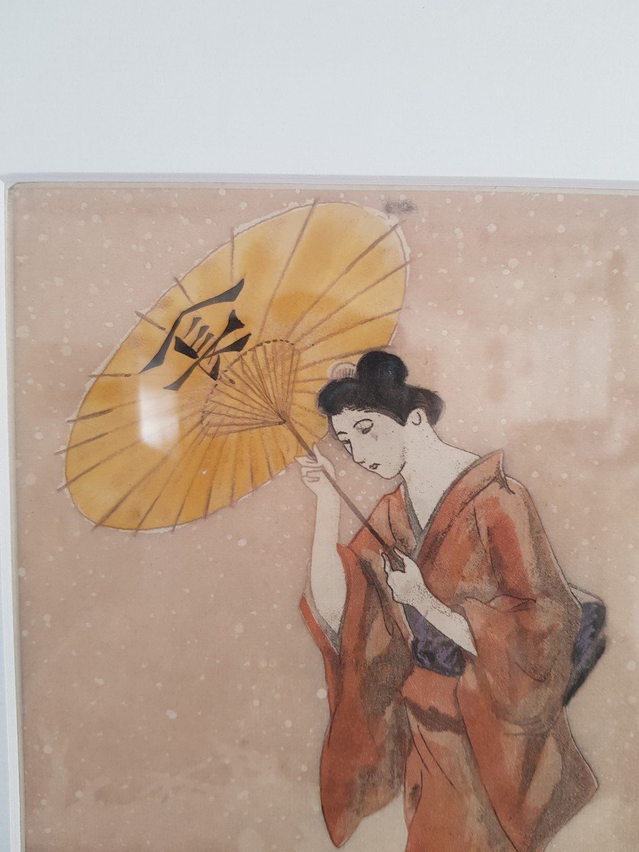 Léonard Tsuguharu Foujita GEISHA à l'Ombrelle Eau Forte Originale Tirage De 1926-photo-3