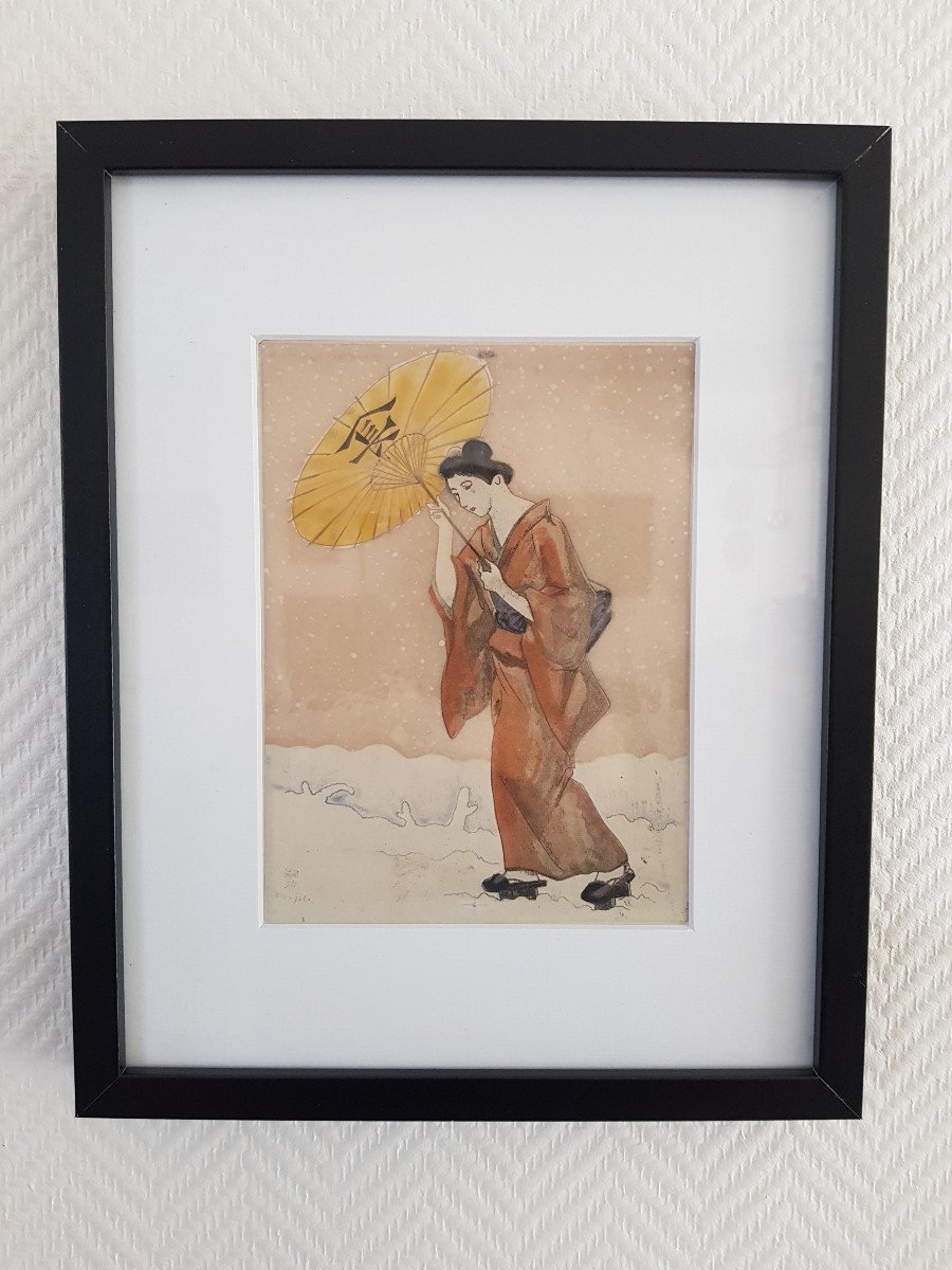 Léonard Tsuguharu Foujita GEISHA à l'Ombrelle Eau Forte Originale Tirage De 1926