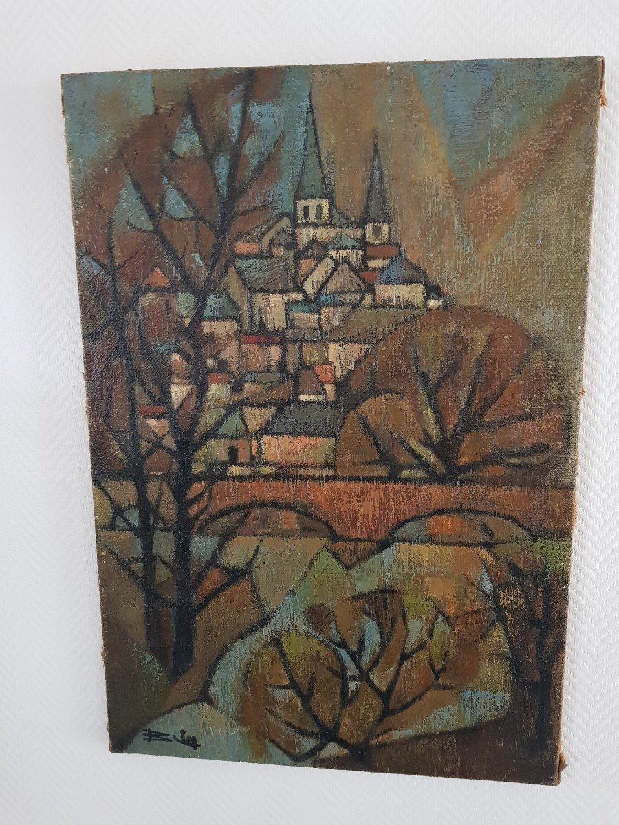 Indre In Loches Post Cubist Painting Circa 1960/1970 By Jacques Blin-photo-1