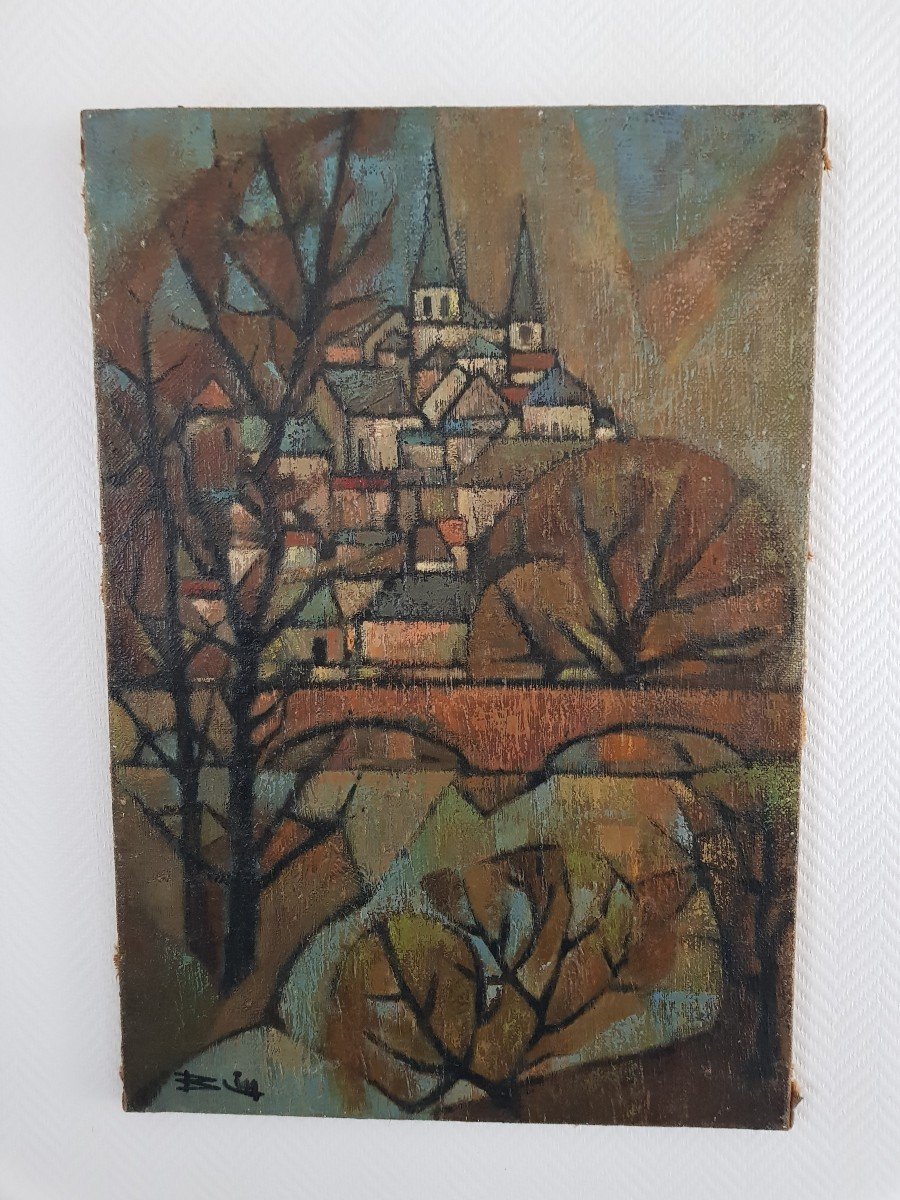 l'Indre à Loches Tableau Post Cubiste Circa 1960/1970 Par Jacques Blin 