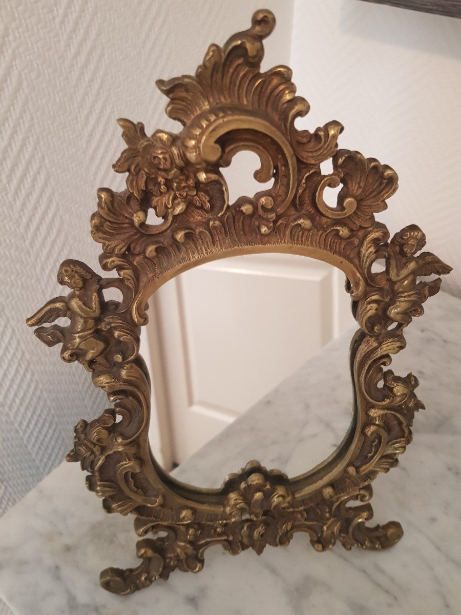 Rocaille Style Bronze Table Mirror With Cherubs -photo-4