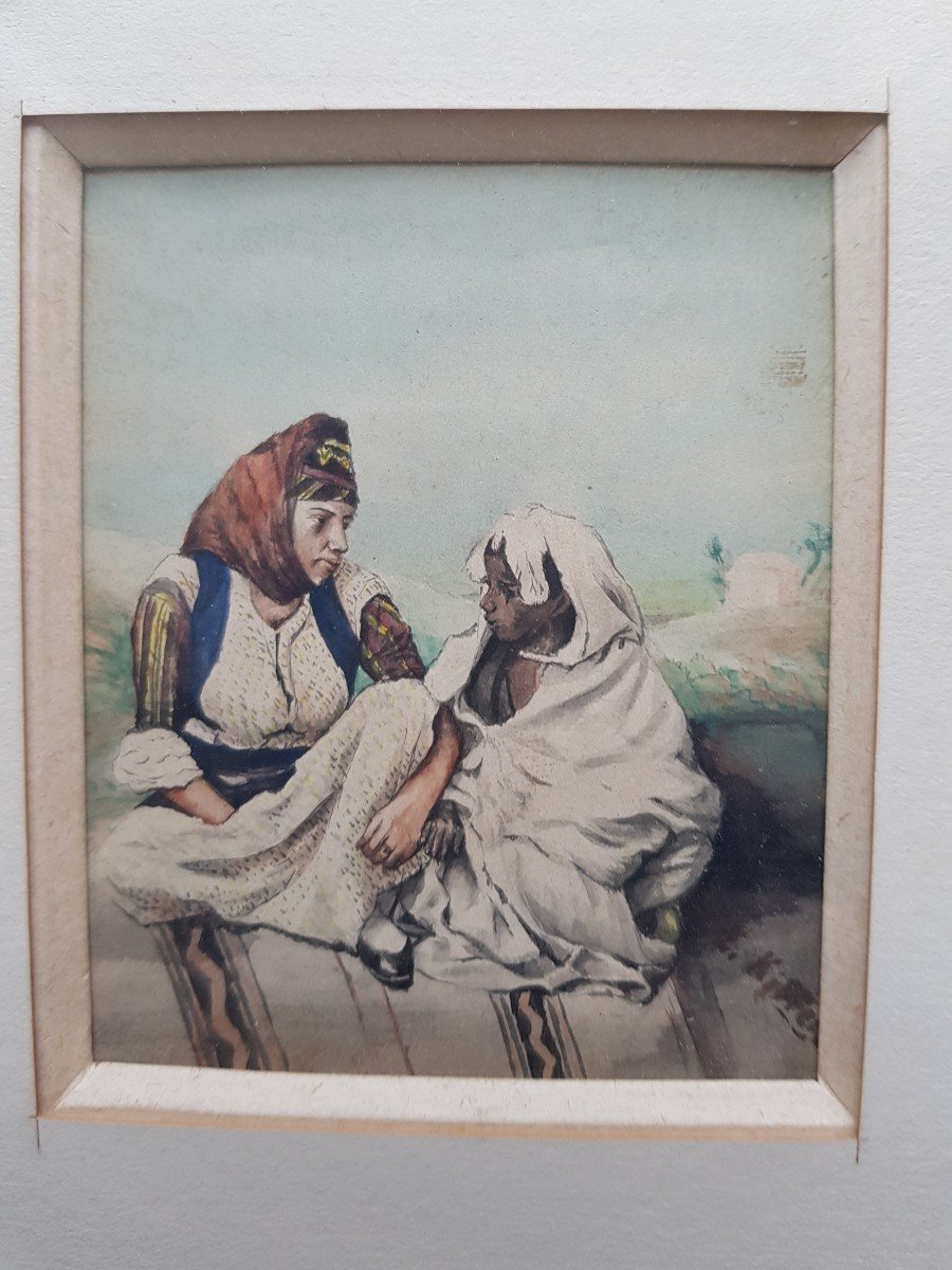 Small Watercolor And Pencil Orientalist Women In Conversation By E. Kiffer -photo-1