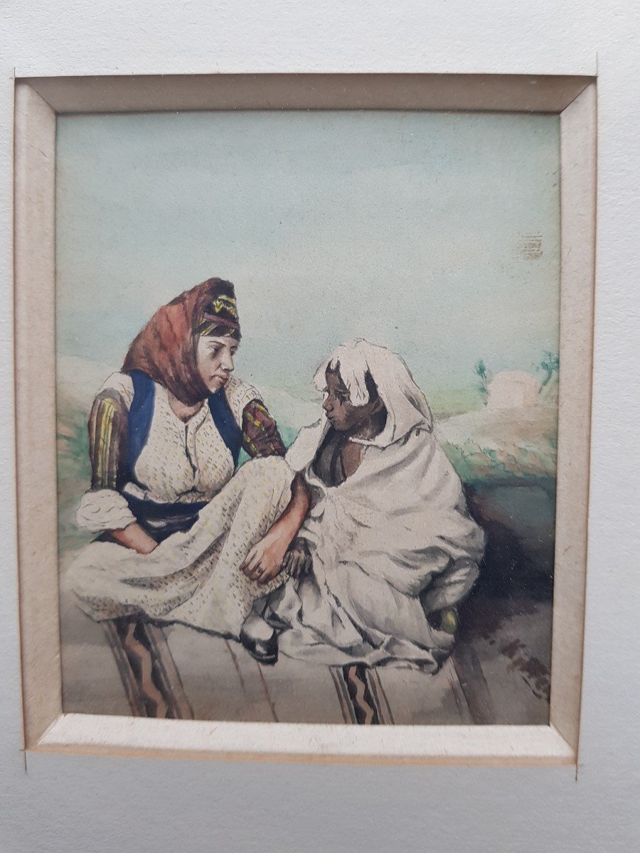 Petite Aquarelle  et crayon Orientaliste Femmes En Conversation Par E. Kiffer -photo-2