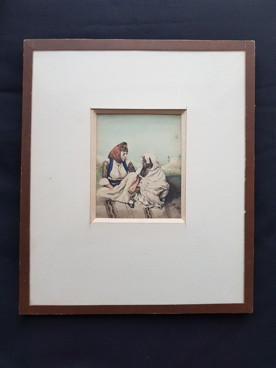 Small Watercolor And Pencil Orientalist Women In Conversation By E. Kiffer 