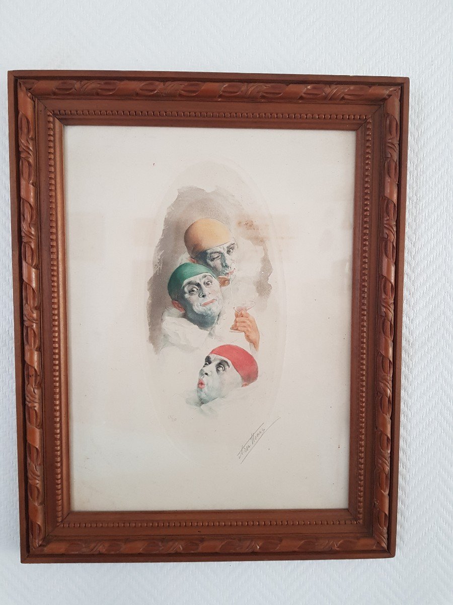 Lithograph Armand Henrion Self-portrait With 3 Pierrots -photo-1