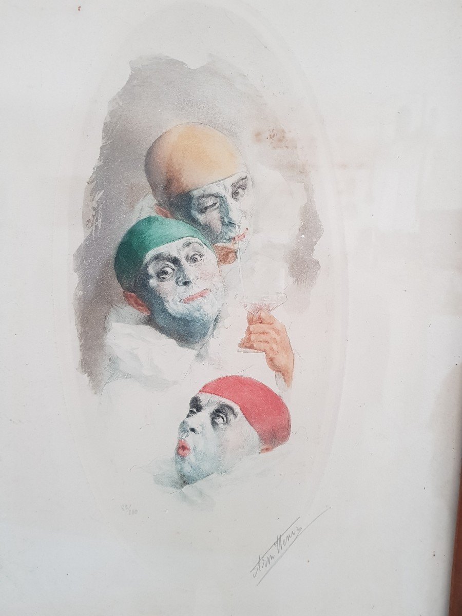 Lithograph Armand Henrion Self-portrait With 3 Pierrots -photo-3