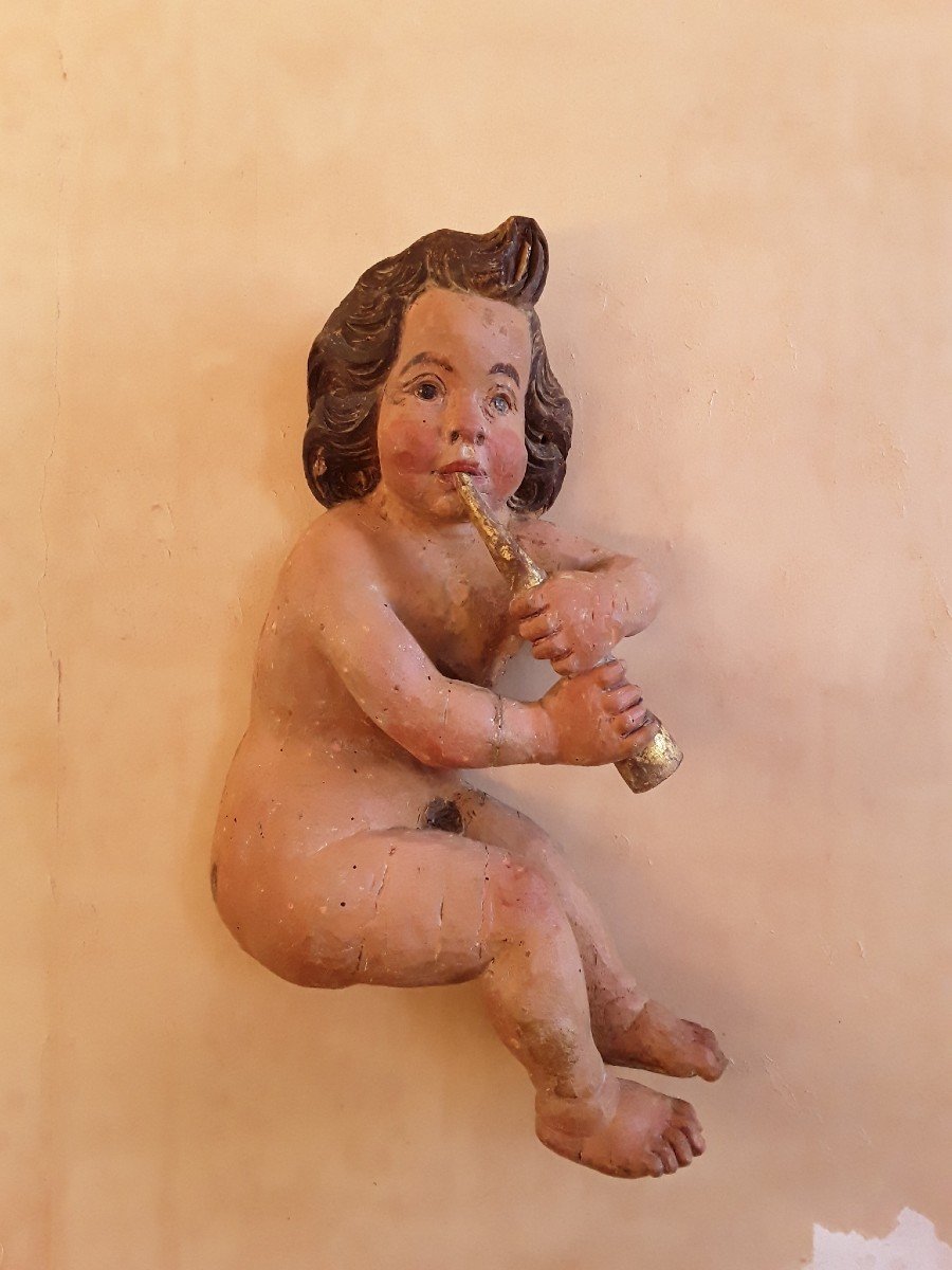 Pair Of Putti In Polychrome Wood. Height 59cm.-photo-2