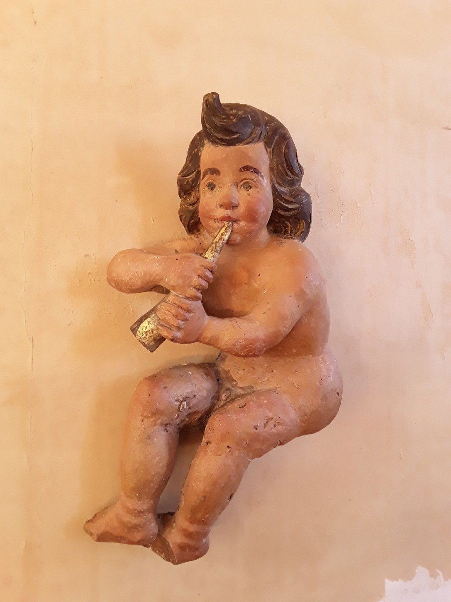 Pair Of Putti In Polychrome Wood. Height 59cm.-photo-3