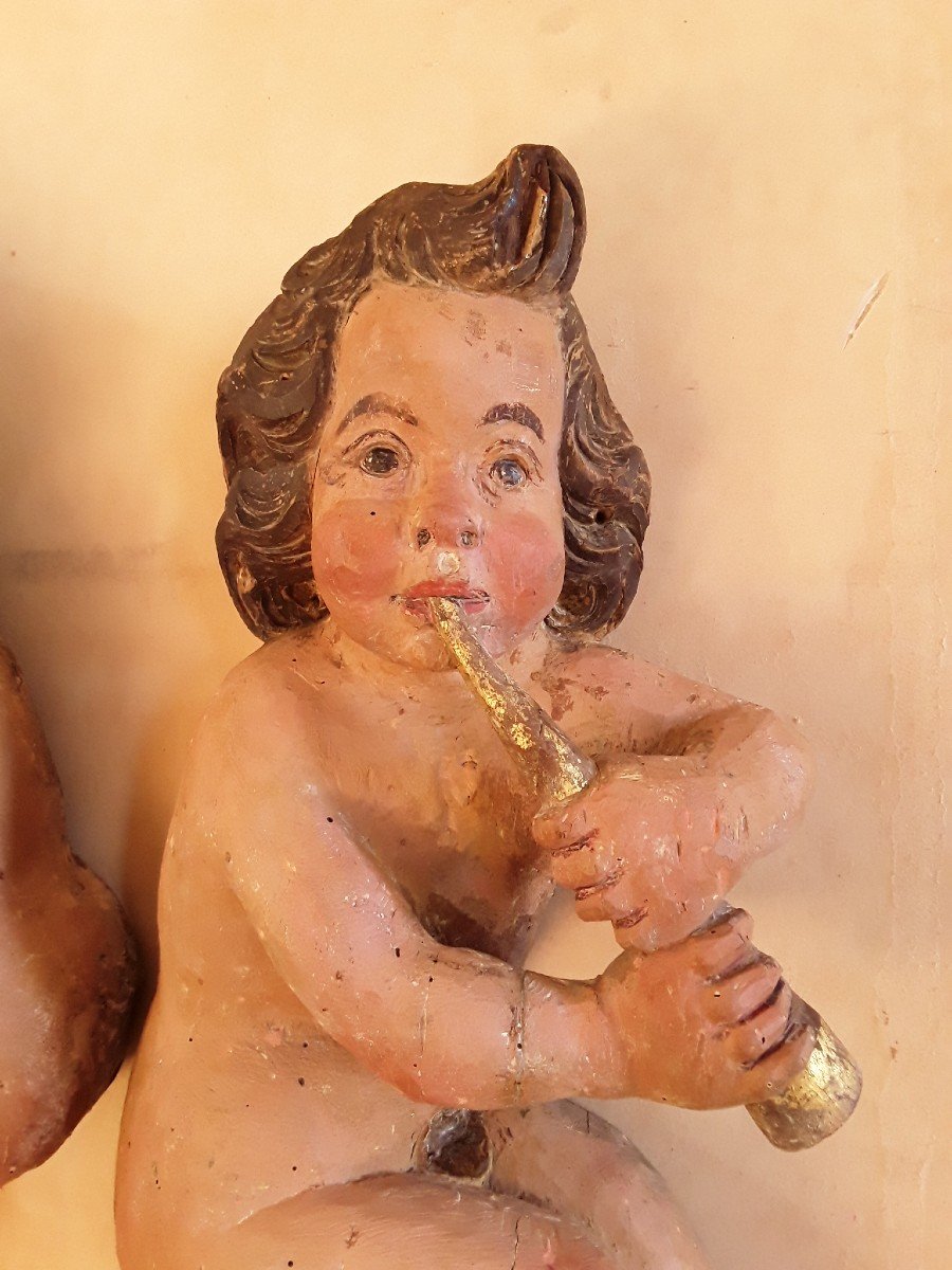 Pair Of Putti In Polychrome Wood. Height 59cm.-photo-4