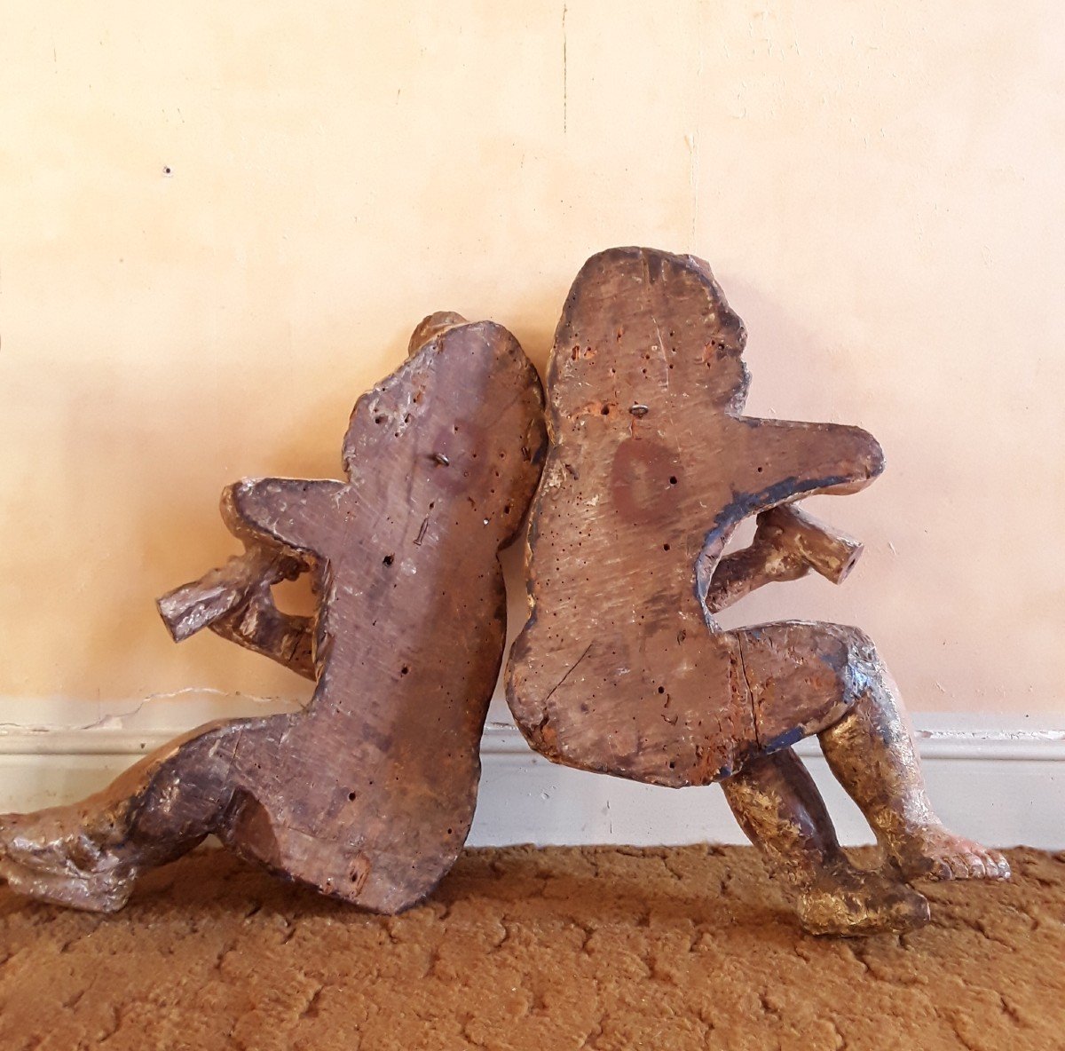 Pair Of Putti In Polychrome Wood. Height 59cm.-photo-3