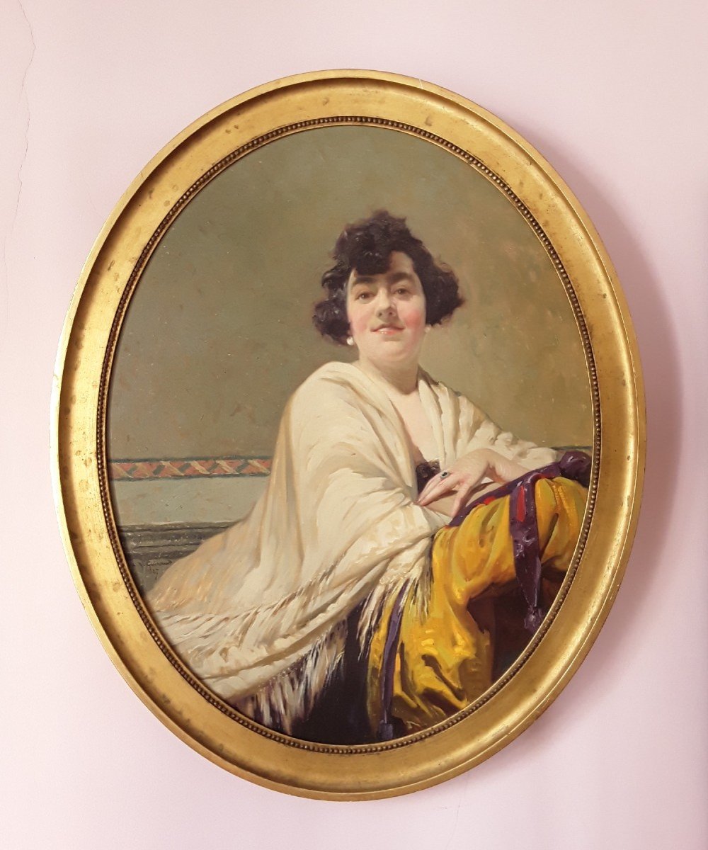 Large Portrait Of The Roaring Twenties By Raoul Guiraud (h 105 Cm).