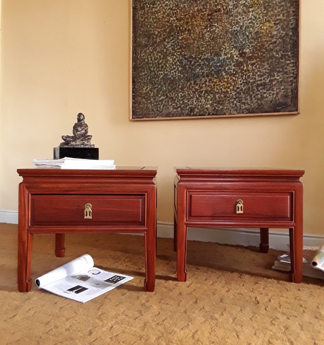 Pair Of End Tables Stamped "cathay Arts". Hong Kong.