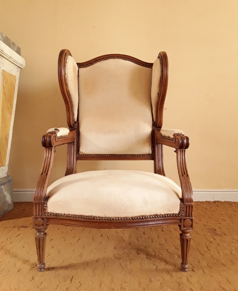 Important Fauteuil Louis XVI à Oreille Et Crémaillère. (circa 1820).-photo-3