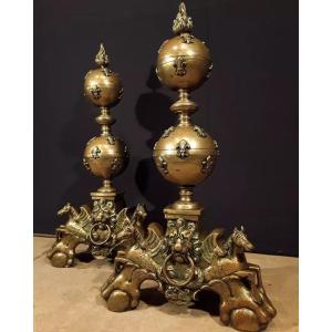 Pair Of Andirons In Bronze.