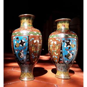 Pair Of Cloisonne Enamel Vases. Meiji Period.