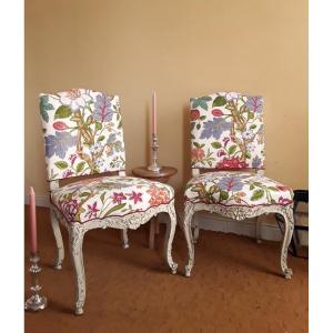 Large Pair Of Lacquered Wood Chairs With Flamboyant Fabric.