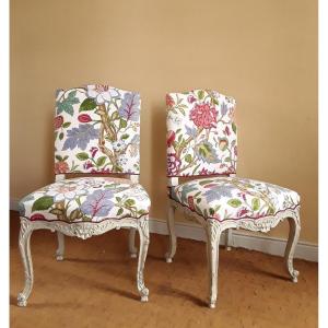 Large Pair Of Lacquered Wood Chairs With Flamboyant Fabric.