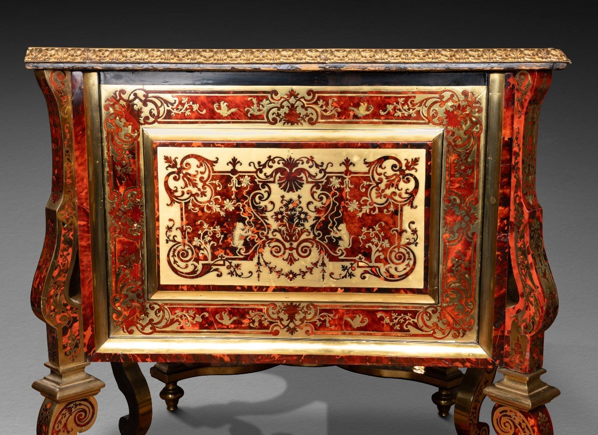 Bureau Mazarin en marqueterie Boulle d'écaille de tortue et laiton, époque Louis XIV-photo-3