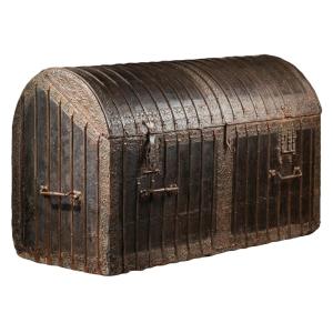 A Large 15th C. French Gothic Leather And Iron Bound Travelling Chest
