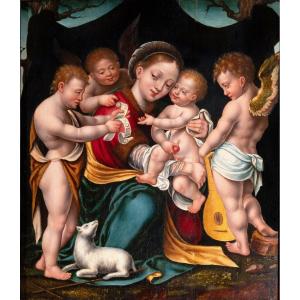 Madonna & Child With Infant St John & Angels, Circle Of Joos Van Cleve, 16th C. Antwerp School