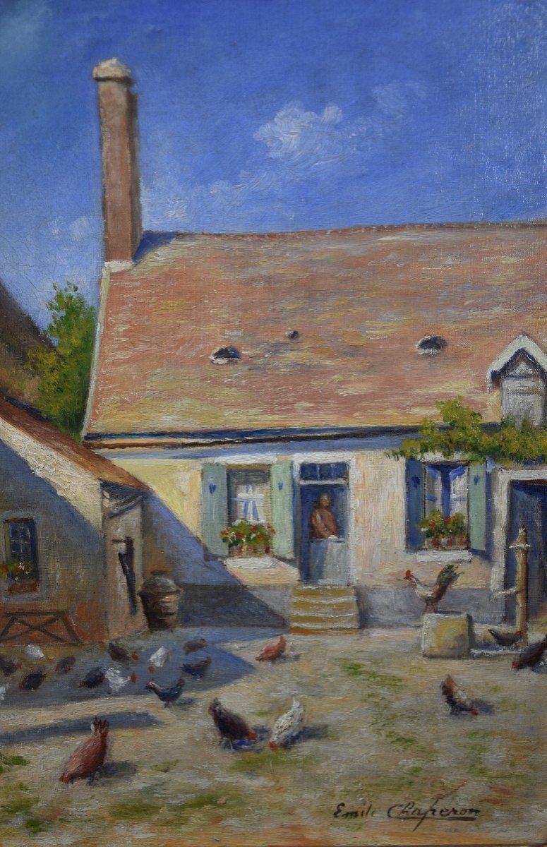 Emile Chaperon  (1868- ? ) Cour de ferme , huile sur toile -photo-2