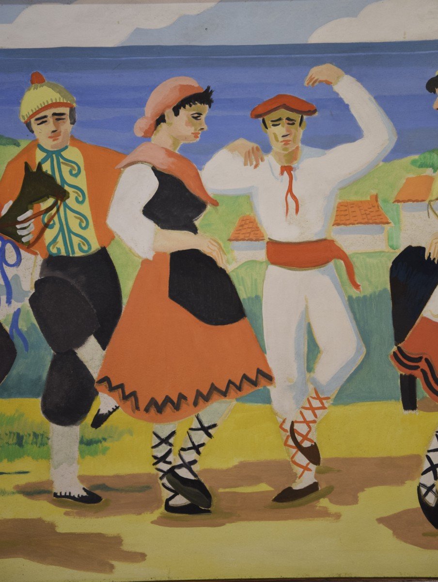 Louis Chareyre ( 1917-1995) Traditions du Pays basque ,grande  huile sur panneau,86 cm x 167 cm-photo-4