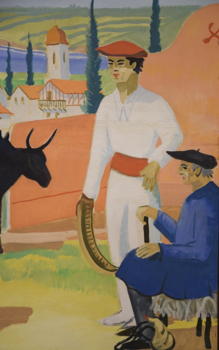 Louis Chareyre ( 1917-1995) Traditions du Pays basque ,grande  huile sur panneau,86 cm x 167 cm-photo-2