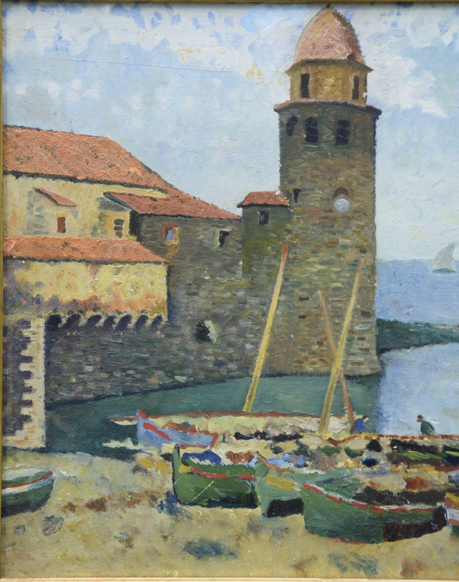  Collioure , l'église Notre Dame des  Anges , huile sur panneau signée  E. Godet .-photo-3