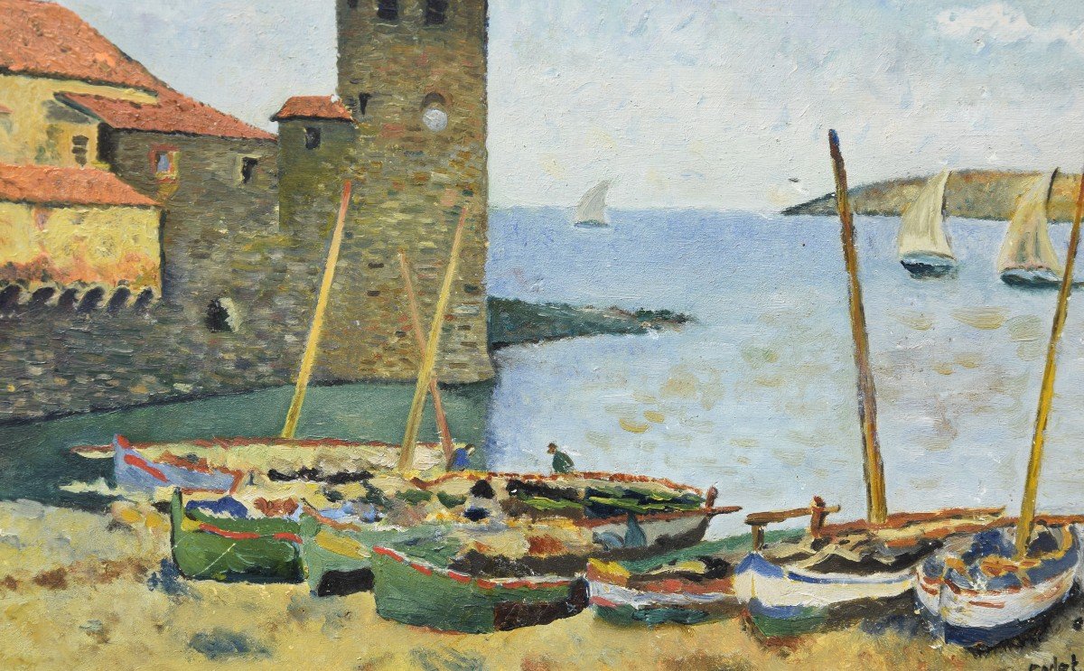  Collioure , l'église Notre Dame des  Anges , huile sur panneau signée  E. Godet .-photo-1