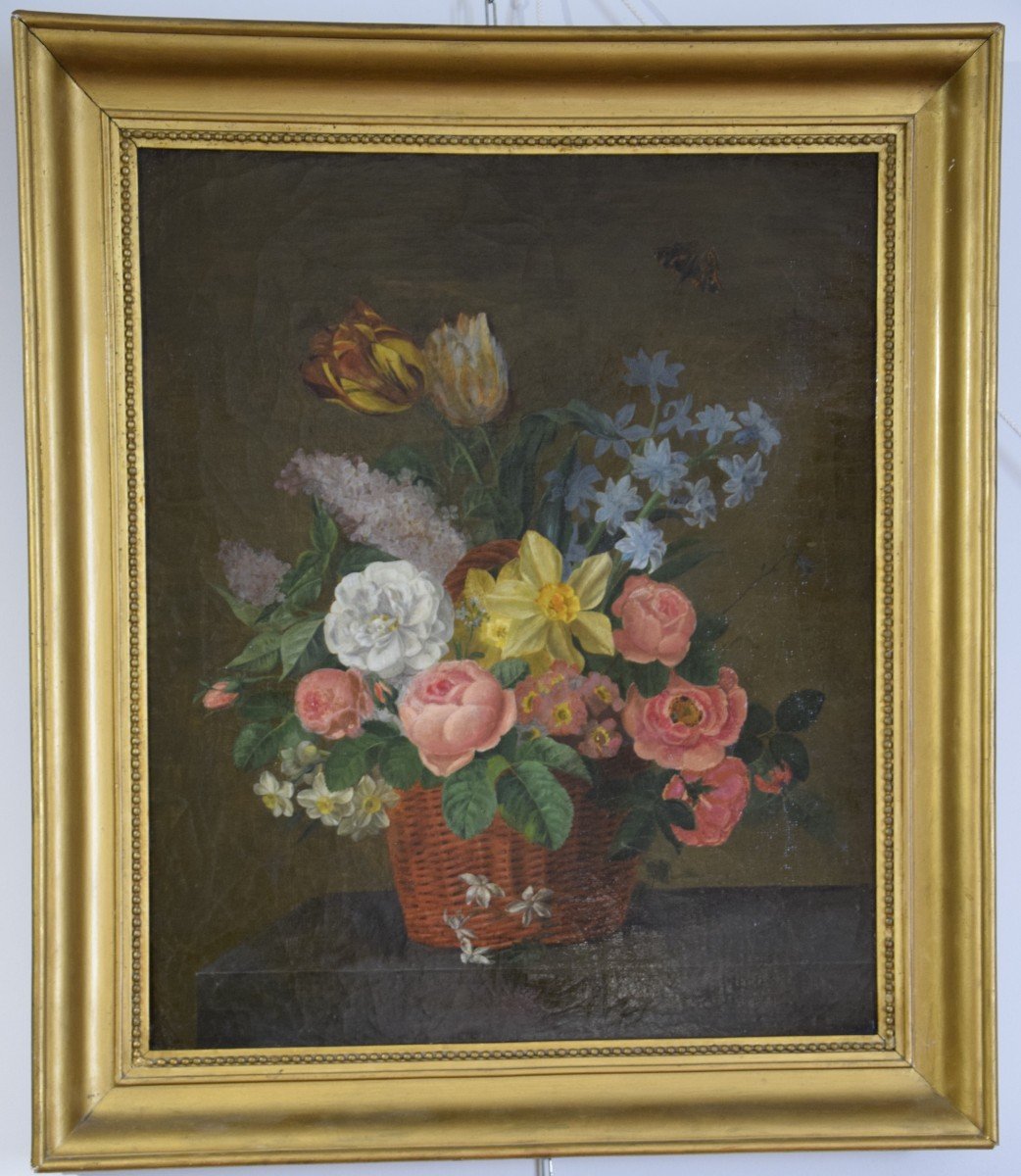 Nature morte au bouquet de fleurs et au papillon  , fin XVIIIème 