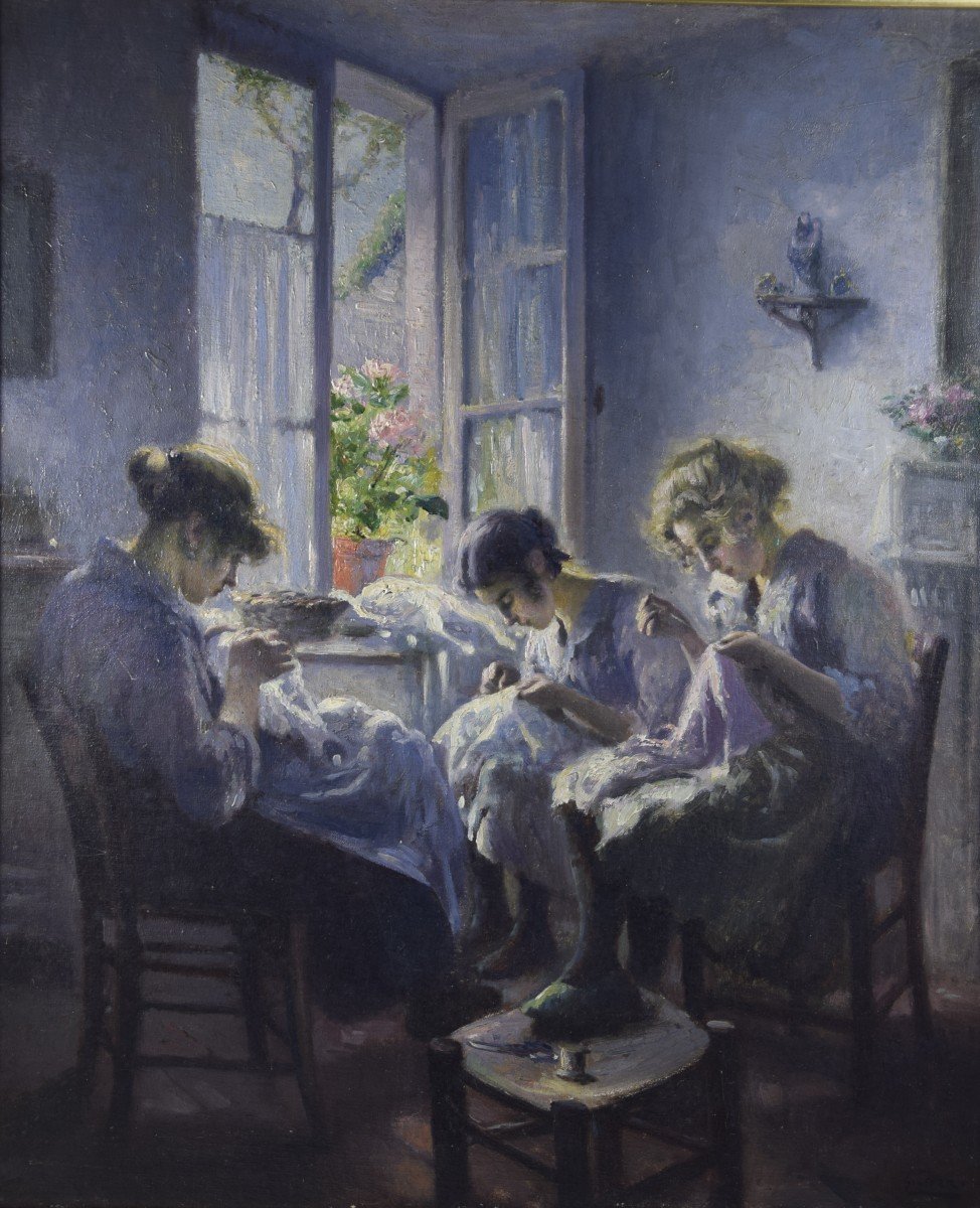 Max Silbert (1871-1930) “the Embroiderers” Oil On Canvas.-photo-2