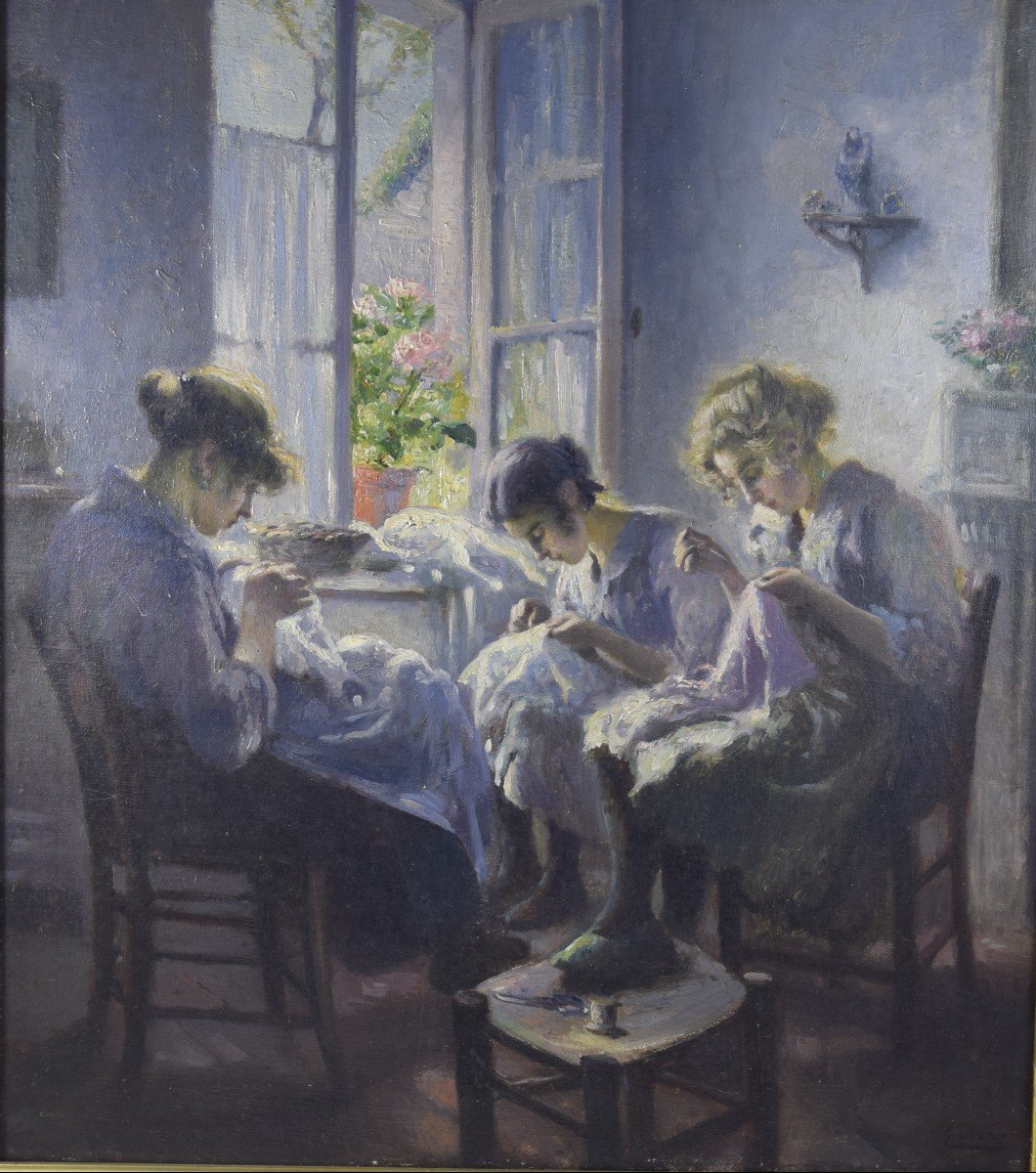 Max Silbert (1871-1930) “the Embroiderers” Oil On Canvas.-photo-3