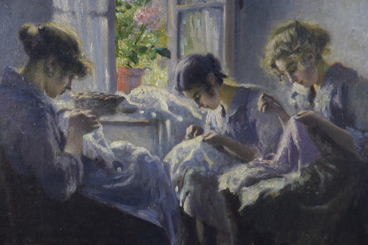 Max Silbert (1871-1930) “the Embroiderers” Oil On Canvas.-photo-4