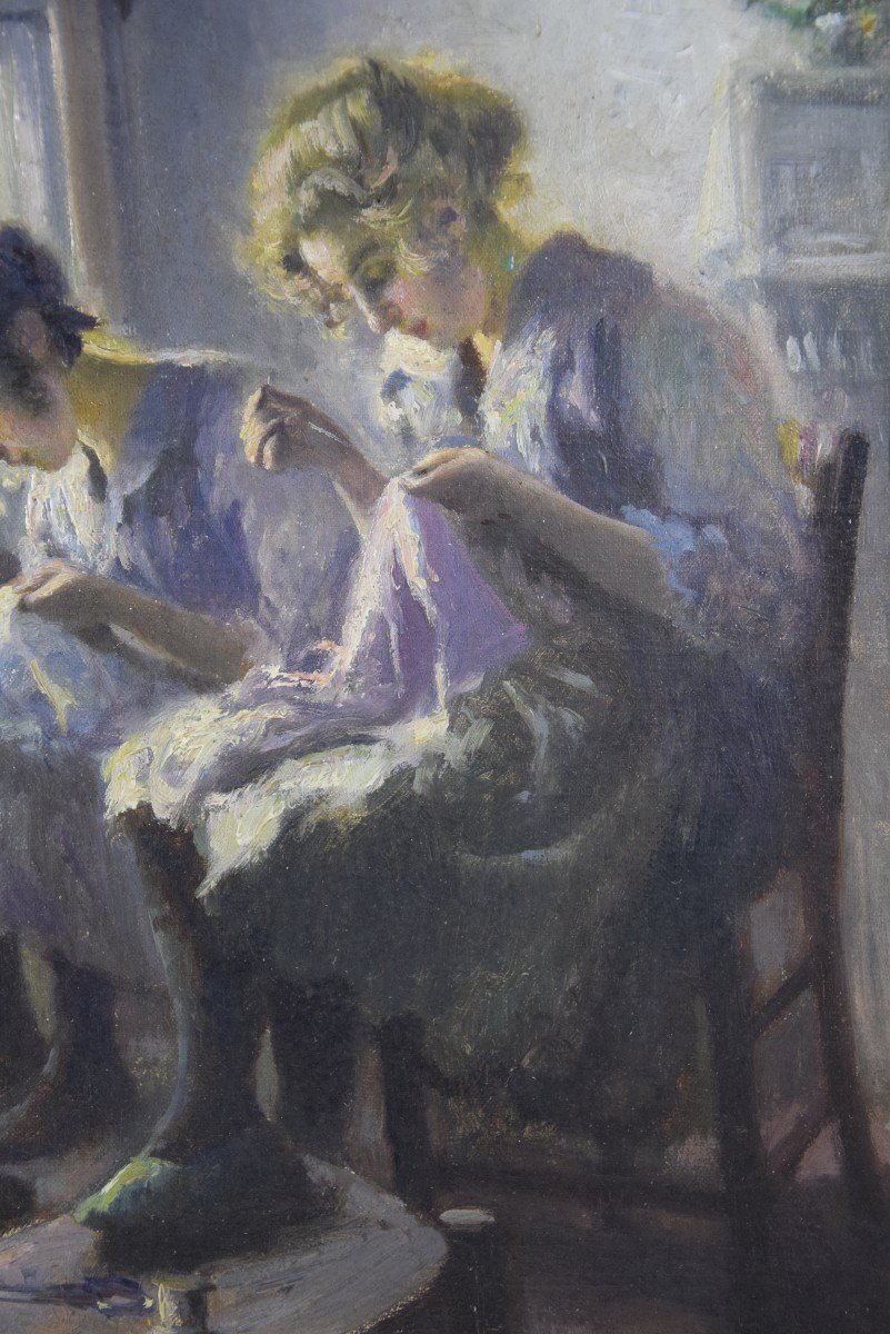 Max Silbert (1871-1930) “the Embroiderers” Oil On Canvas.-photo-2