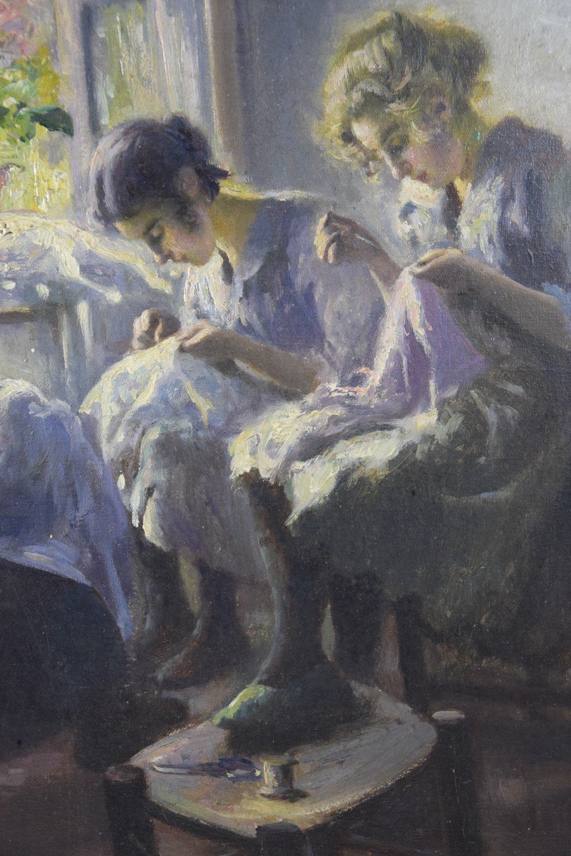 Max Silbert (1871-1930) “the Embroiderers” Oil On Canvas.-photo-4