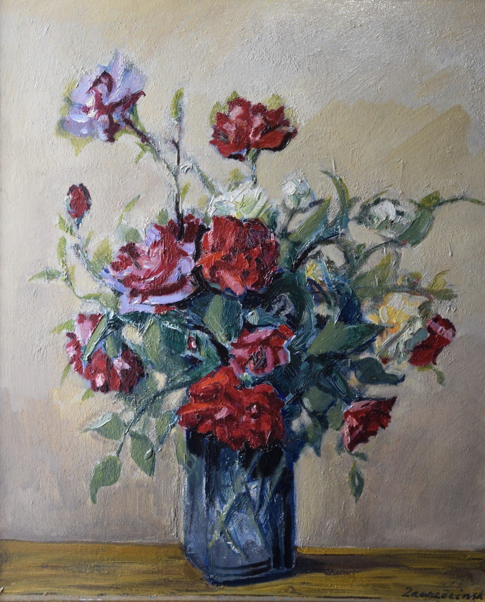 Czeslaw Zawadzinski (1878-1936) Bouquet Of Roses, Oil On Panel-photo-2