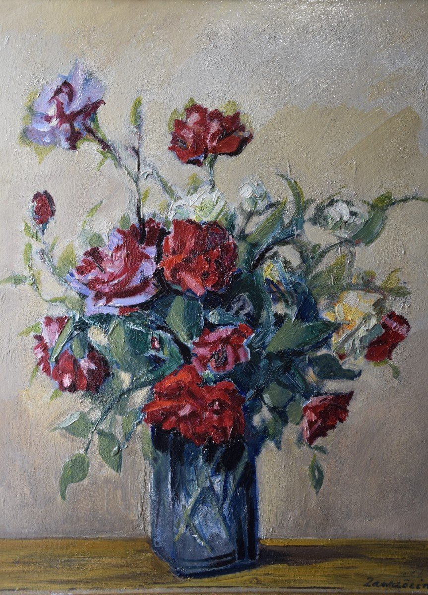 Czeslaw Zawadzinski (1878-1936) Bouquet Of Roses, Oil On Panel-photo-3