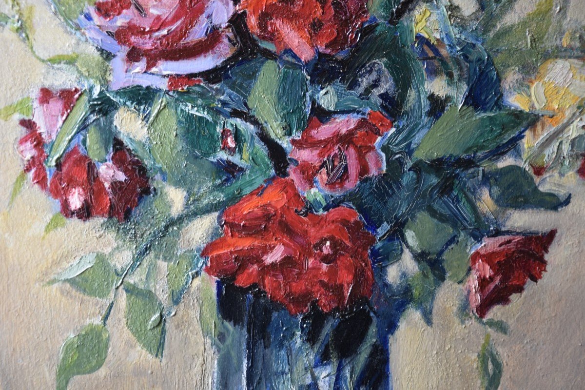 Czeslaw  Zawadzinski  (1878-1936)  Bouquet  de roses , huile sur panneau  -photo-3