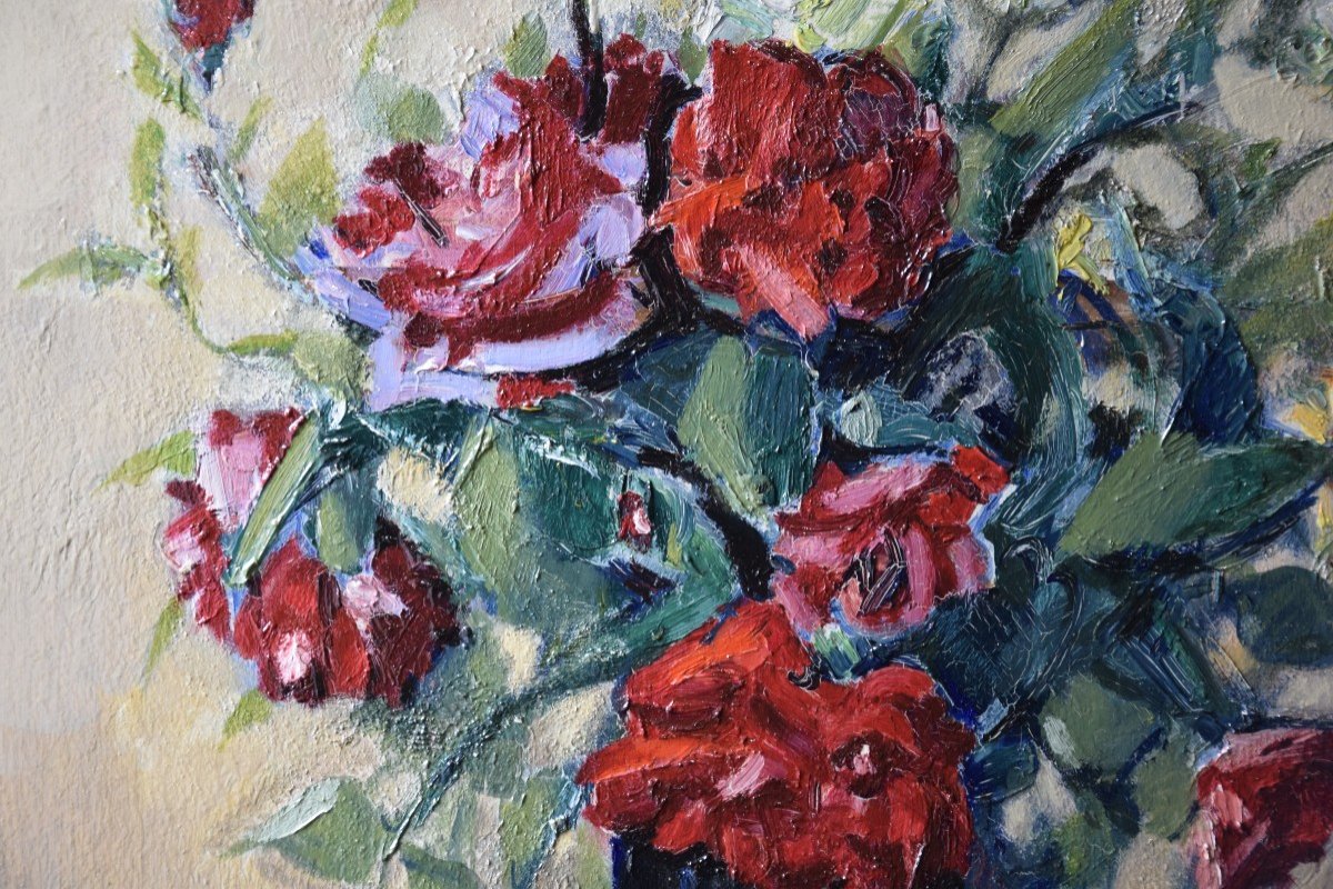 Czeslaw Zawadzinski (1878-1936) Bouquet Of Roses, Oil On Panel-photo-4