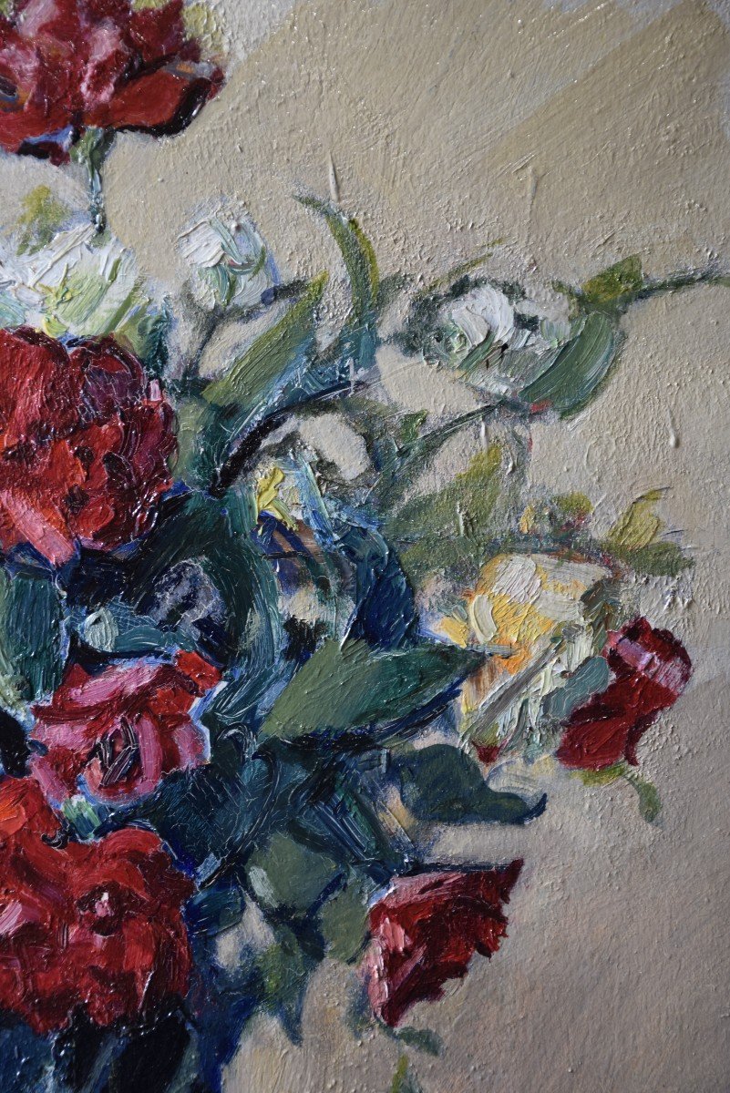 Czeslaw Zawadzinski (1878-1936) Bouquet Of Roses, Oil On Panel-photo-5