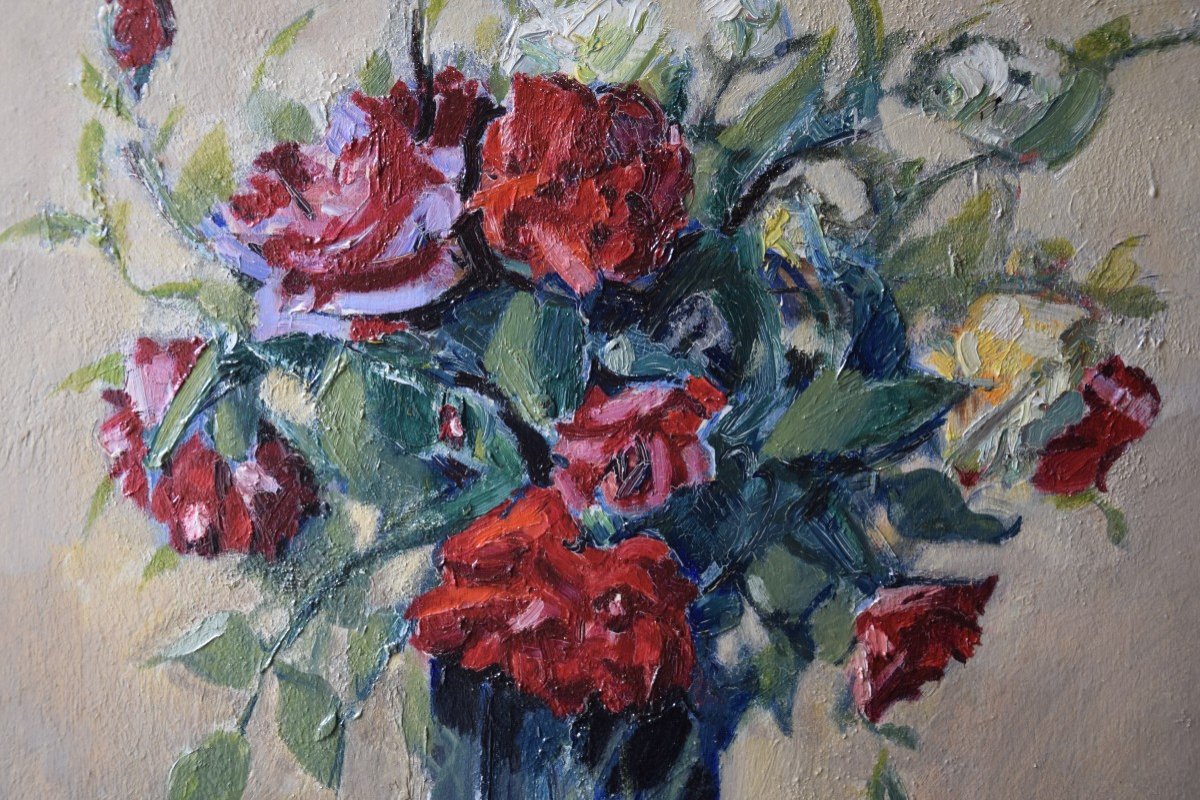 Czeslaw  Zawadzinski  (1878-1936)  Bouquet  de roses , huile sur panneau  -photo-7