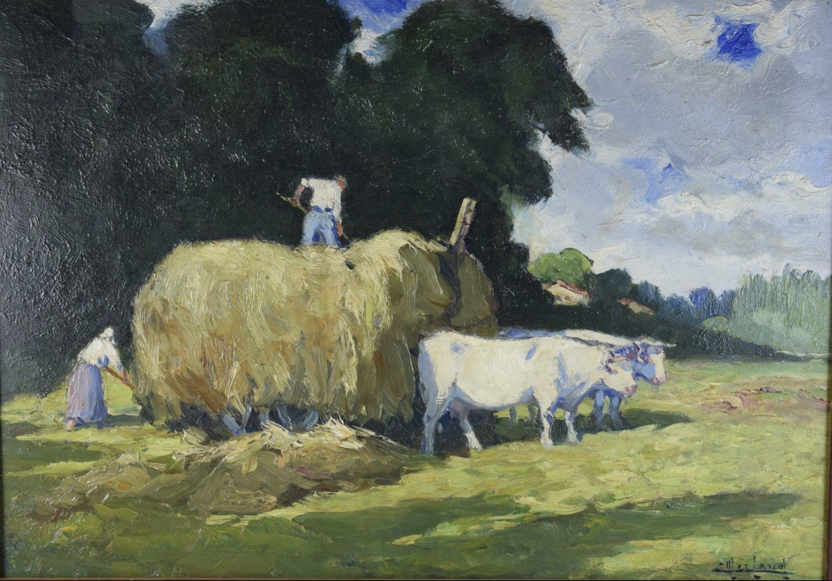 Camille Merlaud (1877-1957) "loading Hay" Oil On Panel-photo-2