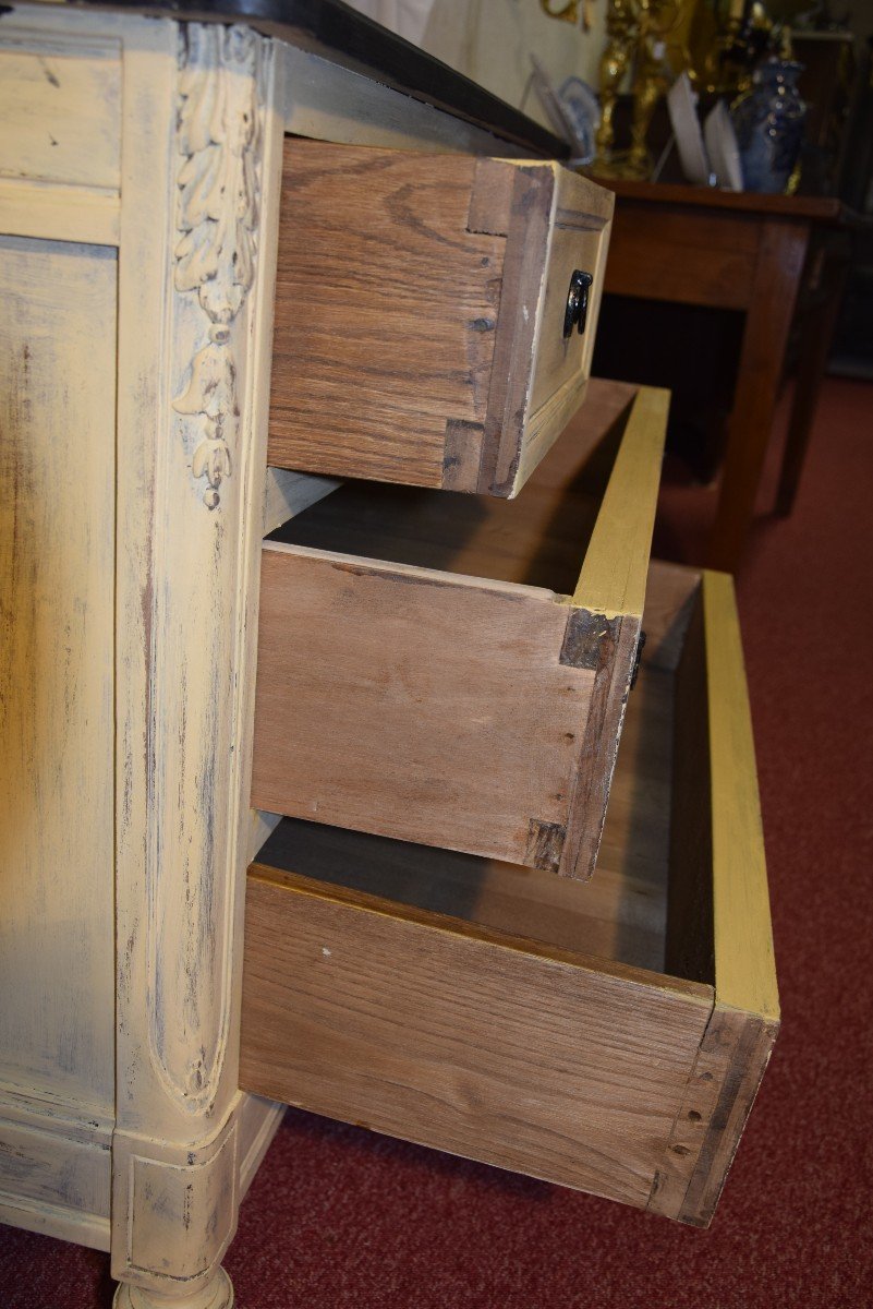 Petite commode en bois peint et patiné ,style Louis XVI ,4 tiroirs -photo-7