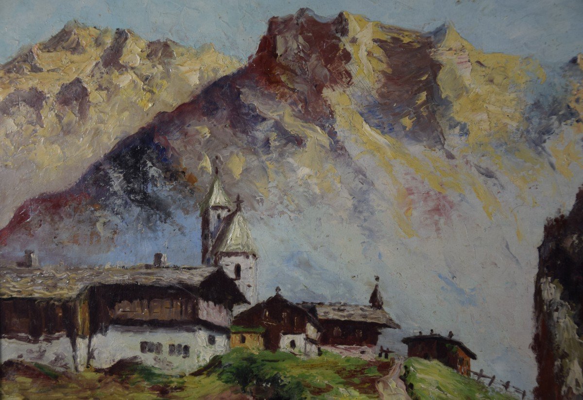 Village At The Foot Of A Mountain Range, Oil On Cardboard -photo-3