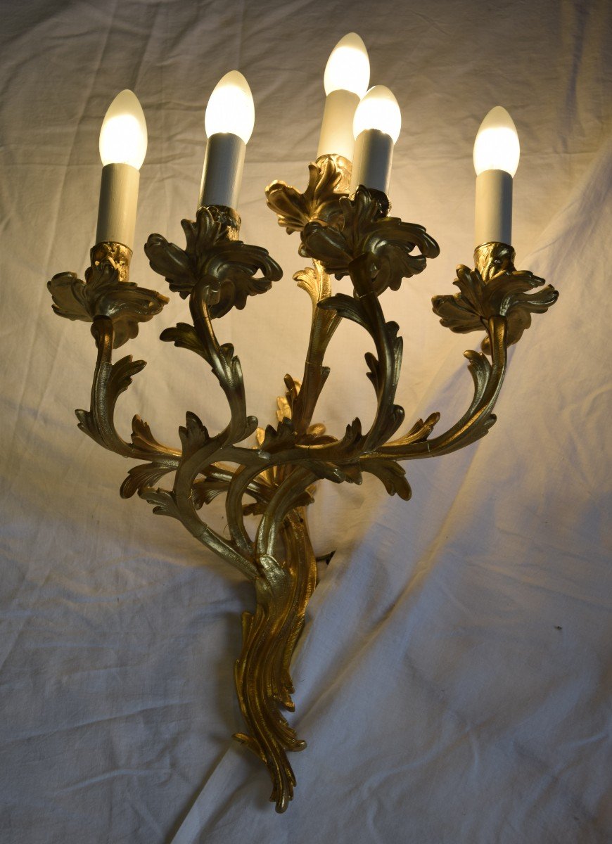 Pair Of Gilt Bronze Sconces, 5 Arms Of Light, Louis XV Style, Electrified. -photo-2